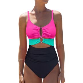 popvil One Piece Swimsuit for Women Tummy Control Bathing Suit Neon Cutout Braid Swim Suits Color Block Swimwear in Saudi Arabia