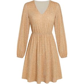 ZAFUL Women's Sparkly Sequin Dress Lantern Long Sleeve V Neck Loose Glitter Cocktail Party Club Mini Dresses in Kuwait