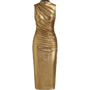 CIDER Cocktail Midi Ruched Bodycon Metallic Sleeveless Party Stand Neck Solid Slim Fit Dress in Saudi Arabia