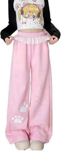 Women's Y2k Harajuku Kawaii Cat Paw Print Lace Trim Sweatpants Coquette Preppy Cute Loose Fit Casual Wide Leg Pants in Kuwait
