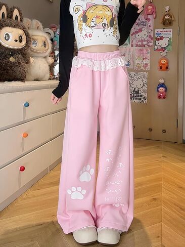 Women's Y2k Harajuku Kawaii Cat Paw Print Lace Trim Sweatpants Coquette Preppy Cute Loose Fit Casual Wide Leg Pants in Kuwait