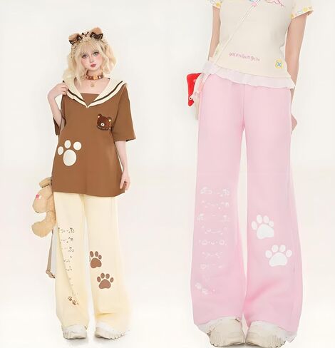 Women's Y2k Harajuku Kawaii Cat Paw Print Lace Trim Sweatpants Coquette Preppy Cute Loose Fit Casual Wide Leg Pants in Kuwait