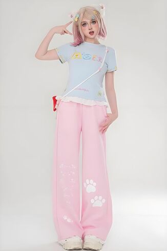 Women's Y2k Harajuku Kawaii Cat Paw Print Lace Trim Sweatpants Coquette Preppy Cute Loose Fit Casual Wide Leg Pants in Kuwait