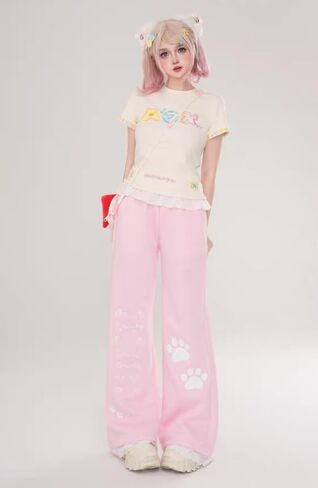 Women's Y2k Harajuku Kawaii Cat Paw Print Lace Trim Sweatpants Coquette Preppy Cute Loose Fit Casual Wide Leg Pants in Kuwait