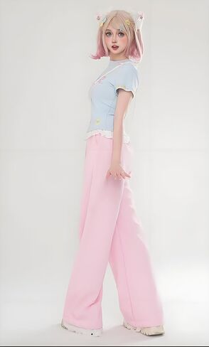 Women's Y2k Harajuku Kawaii Cat Paw Print Lace Trim Sweatpants Coquette Preppy Cute Loose Fit Casual Wide Leg Pants in Kuwait