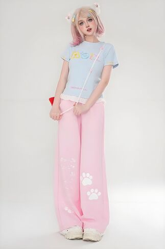 Women's Y2k Harajuku Kawaii Cat Paw Print Lace Trim Sweatpants Coquette Preppy Cute Loose Fit Casual Wide Leg Pants in Kuwait