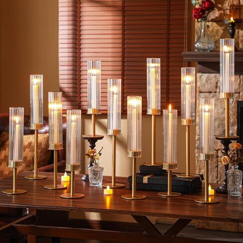 Mumufy 12 Pcs Gold Hurricane Candle Holders Ribbed Glass Shade for Taper Candles Brass Candlestick Holders Tall Taper Candle Holder Decor for Table Centerpiece Wedding Party Christmas Decoration in Saudi Arabia