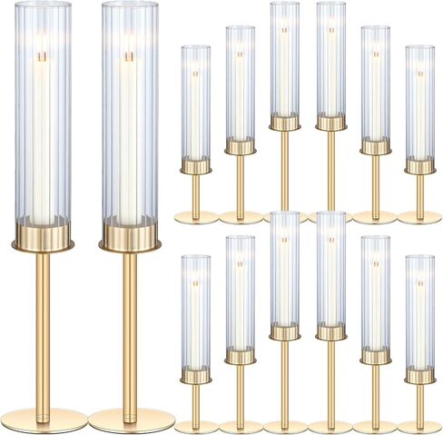 Mumufy 12 Pcs Gold Hurricane Candle Holders Ribbed Glass Shade for Taper Candles Brass Candlestick Holders Tall Taper Candle Holder Decor for Table Centerpiece Wedding Party Christmas Decoration in Saudi Arabia