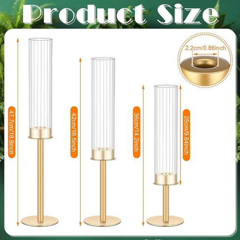 Mumufy 12 Pcs Gold Hurricane Candle Holders Ribbed Glass Shade for Taper Candles Brass Candlestick Holders Tall Taper Candle Holder Decor for Table Centerpiece Wedding Party Christmas Decoration in Saudi Arabia