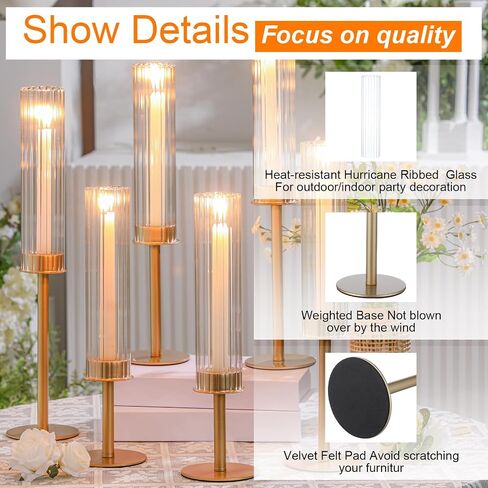 Mumufy 12 Pcs Gold Hurricane Candle Holders Ribbed Glass Shade for Taper Candles Brass Candlestick Holders Tall Taper Candle Holder Decor for Table Centerpiece Wedding Party Christmas Decoration in Saudi Arabia