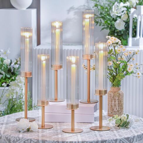 Mumufy 12 Pcs Gold Hurricane Candle Holders Ribbed Glass Shade for Taper Candles Brass Candlestick Holders Tall Taper Candle Holder Decor for Table Centerpiece Wedding Party Christmas Decoration in Saudi Arabia