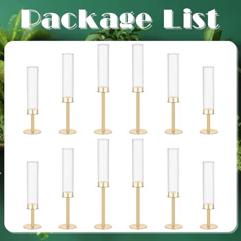 Mumufy 12 Pcs Gold Hurricane Candle Holders Ribbed Glass Shade for Taper Candles Brass Candlestick Holders Tall Taper Candle Holder Decor for Table Centerpiece Wedding Party Christmas Decoration in Saudi Arabia
