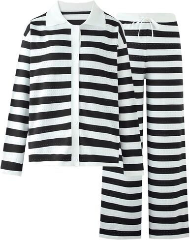 DERAX Women's 2 Piece Striped Sweatsuits Sets Long Sleeve Polo Sweater And Sweatpants Tracksuit Lounge Set Travel Outfits in Kuwait