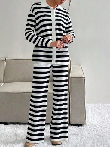 DERAX Women's 2 Piece Striped Sweatsuits Sets Long Sleeve Polo Sweater And Sweatpants Tracksuit Lounge Set Travel Outfits in Kuwait