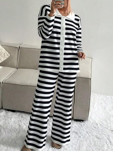 DERAX Women's 2 Piece Striped Sweatsuits Sets Long Sleeve Polo Sweater And Sweatpants Tracksuit Lounge Set Travel Outfits in Kuwait