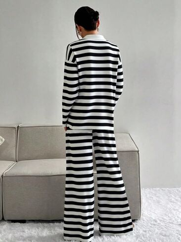 DERAX Women's 2 Piece Striped Sweatsuits Sets Long Sleeve Polo Sweater And Sweatpants Tracksuit Lounge Set Travel Outfits in Kuwait