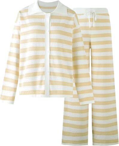 DERAX Women's 2 Piece Striped Sweatsuits Sets Long Sleeve Polo Sweater And Sweatpants Tracksuit Lounge Set Travel Outfits in Saudi Arabia