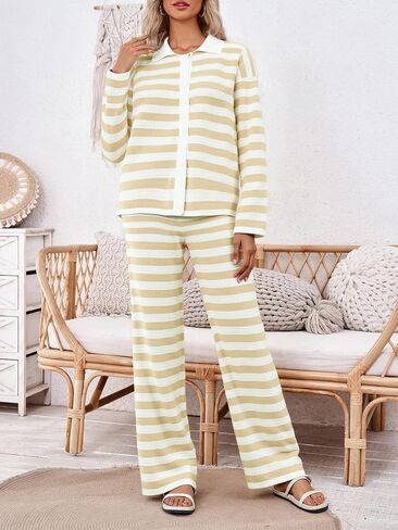 DERAX Women's 2 Piece Striped Sweatsuits Sets Long Sleeve Polo Sweater And Sweatpants Tracksuit Lounge Set Travel Outfits in Saudi Arabia