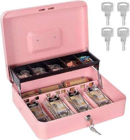 Cash Box with Money Tray and Lock, Metal Money Box for Cash Register, Large Cash Lock Box for Money Safe Includes 5 Slots Coin Tray, 4 Bill Slots, 4 Keys, 11.8" x 9.4" x 3.54" Black in Kuwait