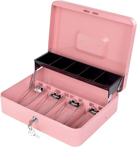 Cash Box with Money Tray and Lock, Metal Money Box for Cash Register, Large Cash Lock Box for Money Safe Includes 5 Slots Coin Tray, 4 Bill Slots, 4 Keys, 11.8" x 9.4" x 3.54" Black in Kuwait