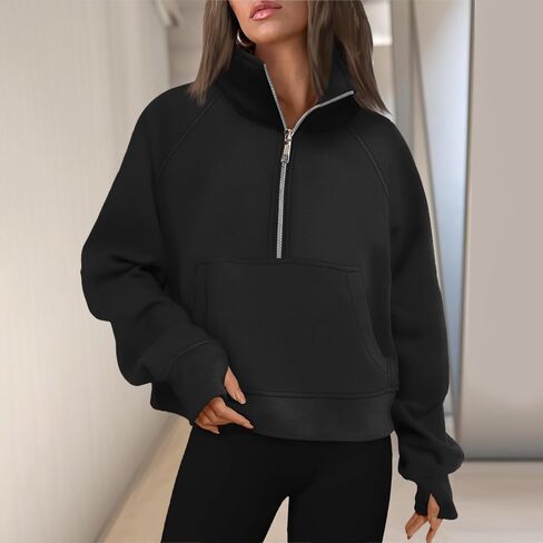 Women's Half-Zip Cropped Pullover - Fleece Quarter-Zip Top, Casual Comfort in Saudi Arabia