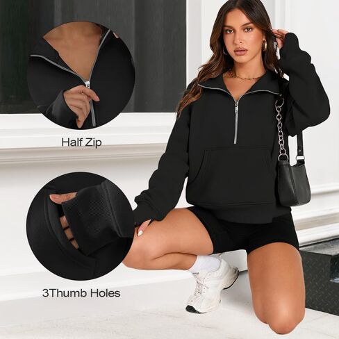 Women's Half-Zip Cropped Pullover - Fleece Quarter-Zip Top, Casual Comfort in Saudi Arabia