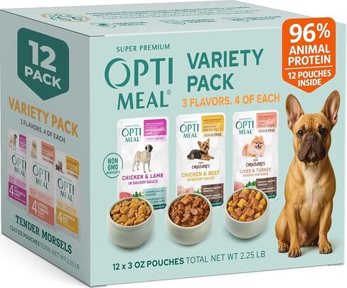 Optimeal Wet Dog Food Pouches - Variety Pack Grain Free Recipes, High Protein, Tender Morsels in Aspic Made with Natural Ingredients for Adult Dogs, Premium Nutrition - 3 oz, Pack of 12 in Kuwait