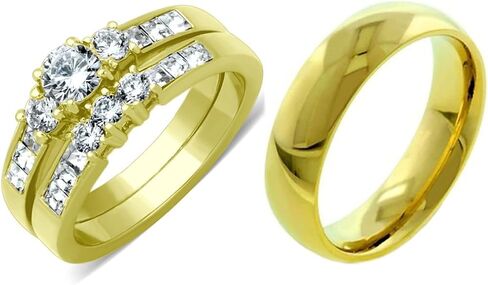 مجموعة خواتم الأزواج من His Hers، مجموعة خواتم زفاف صغيرة مستديرة من تشيكوسلوفاكيا مطلية بالذهب عيار 14 قيراط، مجموعة مطابقة للرجال in Kuwait