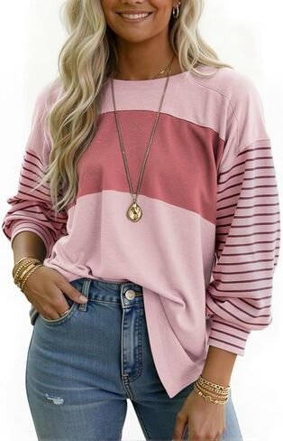 Womens Oversized Striped Shirts Long Sleeve Pullover Tops Crew Neck Color Block Casual Blouses in Kuwait
