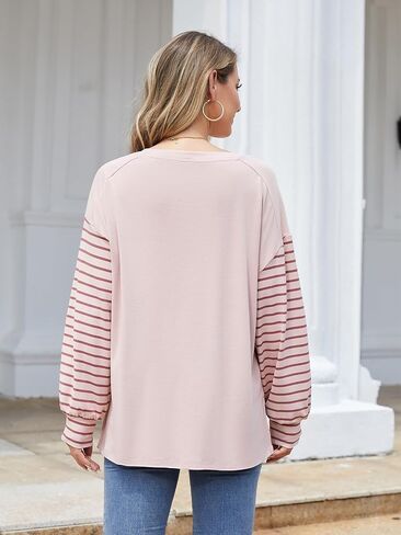 Womens Oversized Striped Shirts Long Sleeve Pullover Tops Crew Neck Color Block Casual Blouses in Kuwait