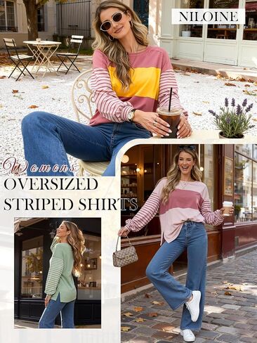 Womens Oversized Striped Shirts Long Sleeve Pullover Tops Crew Neck Color Block Casual Blouses in Kuwait