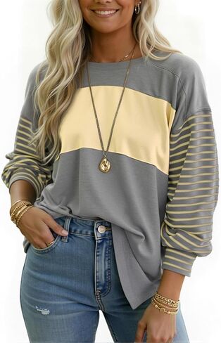 Womens Oversized Striped Shirts Long Sleeve Pullover Tops Crew Neck Color Block Casual Blouses in Kuwait