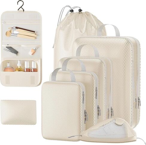 8 Set Compression Packing Cubes Travel, Ultralight Expandable More Space Saving Packing Cubes for Travel Compression,Packing Compression Organizing Accessories for Women/Men (Beige) in Saudi Arabia