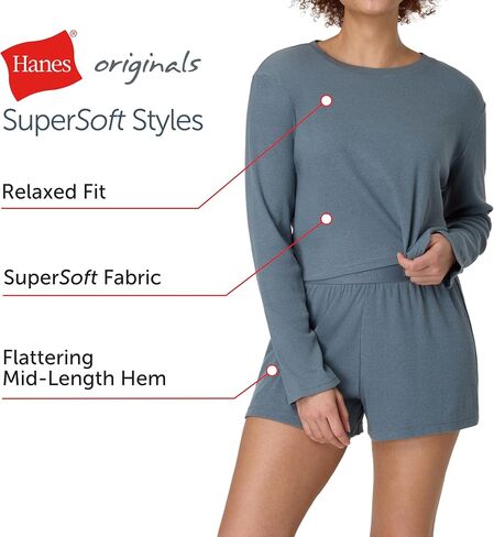 Hanes womens Sleepwear Set, Originals Supersoft Comfywear Long-sleeve Top & Sleep Shorts, Loungewear Set for Women in Saudi Arabia