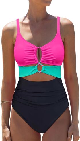 popvil One Piece Swimsuit for Women Tummy Control Bathing Suit Neon Cutout Braid Swim Suits Color Block Swimwear in Saudi Arabia