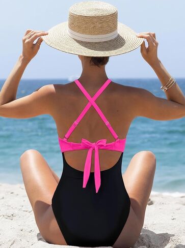 popvil One Piece Swimsuit for Women Tummy Control Bathing Suit Neon Cutout Braid Swim Suits Color Block Swimwear in Saudi Arabia