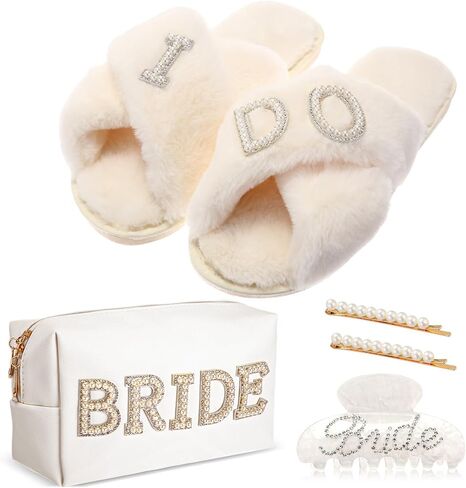 5 Pcs Bridal Gift Set Bride Makeup Bag I Do Bride Slippers Claw Hair Clip and Hairpins Accessories Wedding Engagement Gift Shower for Bridal Engagement Bachelorette Party in Saudi Arabia