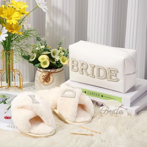 5 Pcs Bridal Gift Set Bride Makeup Bag I Do Bride Slippers Claw Hair Clip and Hairpins Accessories Wedding Engagement Gift Shower for Bridal Engagement Bachelorette Party in Saudi Arabia