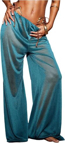 Floerns Women's Elastic Waist Sheer Mesh Shiny Pants Wide Leg Cover Up Vacation Trousers in Saudi Arabia