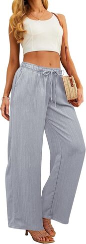بنطلون Palazzo نسائي واسع الساق أنيق كاجوال للاستراحة صيفي للسفر برباط خصر مرن مع جيوب in Kuwait