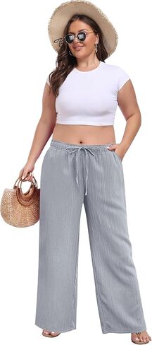 بنطلون Palazzo نسائي واسع الساق أنيق كاجوال للاستراحة صيفي للسفر برباط خصر مرن مع جيوب in Kuwait