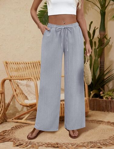 بنطلون Palazzo نسائي واسع الساق أنيق كاجوال للاستراحة صيفي للسفر برباط خصر مرن مع جيوب in Kuwait