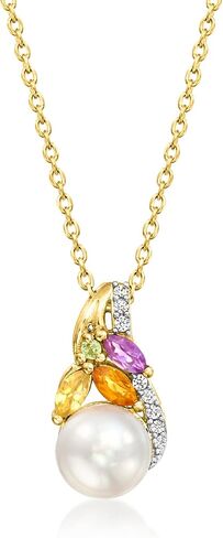 Ross-Simons 6.5-7mm Cultured Pearl and .30 ct. t.w. Multi-Gemstone Pendant Necklace in 18kt Gold Over Sterling. 18 inches in Saudi Arabia