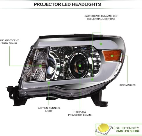 7422443431419 Compatible with 2005-2011 Toyota Tacoma Switchback Sequential LED Strip Bar Black Housing Projector Headlights with Amber Reflector in Saudi Arabia