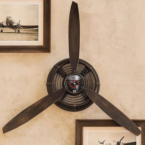ديكور جدار مروحة الطائرة، ديكور الطيران، هدايا الطيار، ساعة Steampunk، ساعة كهف رجل، فن جداري لغرفة نوم المكتب، تعمل بالبطارية، بني in Kuwait