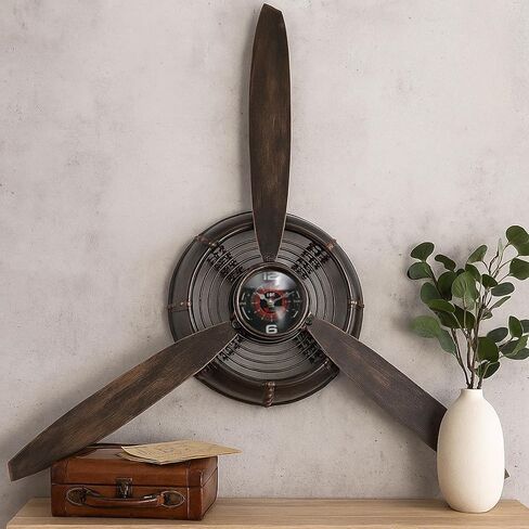 ديكور جدار مروحة الطائرة، ديكور الطيران، هدايا الطيار، ساعة Steampunk، ساعة كهف رجل، فن جداري لغرفة نوم المكتب، تعمل بالبطارية، بني in Kuwait