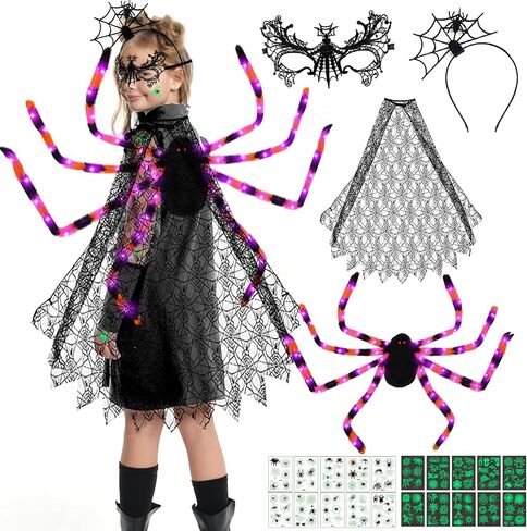 14 Pcs Halloween Spider Costume Set Include Spider Web Cape Backpack Hair Hoop Mask Tattoo Stickers Halloween Spider Web Dress Up for Trick or Treat Cosplay Accessories（Black） in Saudi Arabia