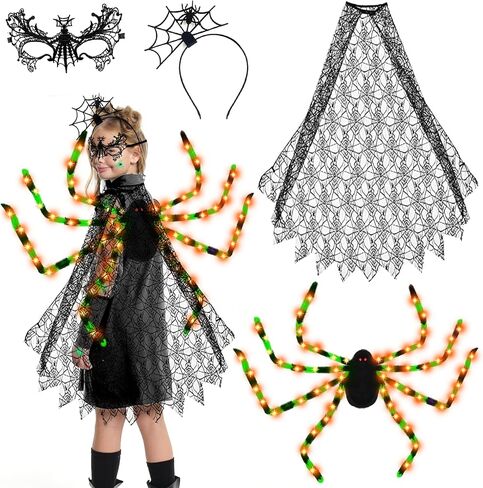 14 Pcs Halloween Spider Costume Set Include Spider Web Cape Backpack Hair Hoop Mask Tattoo Stickers Halloween Spider Web Dress Up for Trick or Treat Cosplay Accessories（Black） in Saudi Arabia
