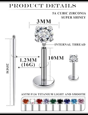16G F136 Titanium Lip Rings Labret Jewelry Internally Threaded Monroe Lip Ring Medusa Snake Bite Piercing Jewelry Conch Tragus Forward Helix Cartilage Earring Studs Piercing Jewelry in Kuwait