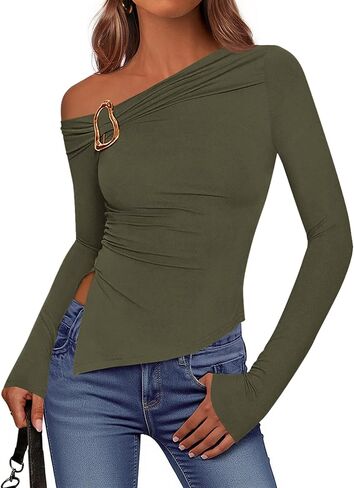 BTFBM Off The Shoulder Tops for Women Fall Fashion 2025 Asymmetrical Long Sleeve Shirts Fitted Going Out Top Y2K Clothes in Saudi Arabia